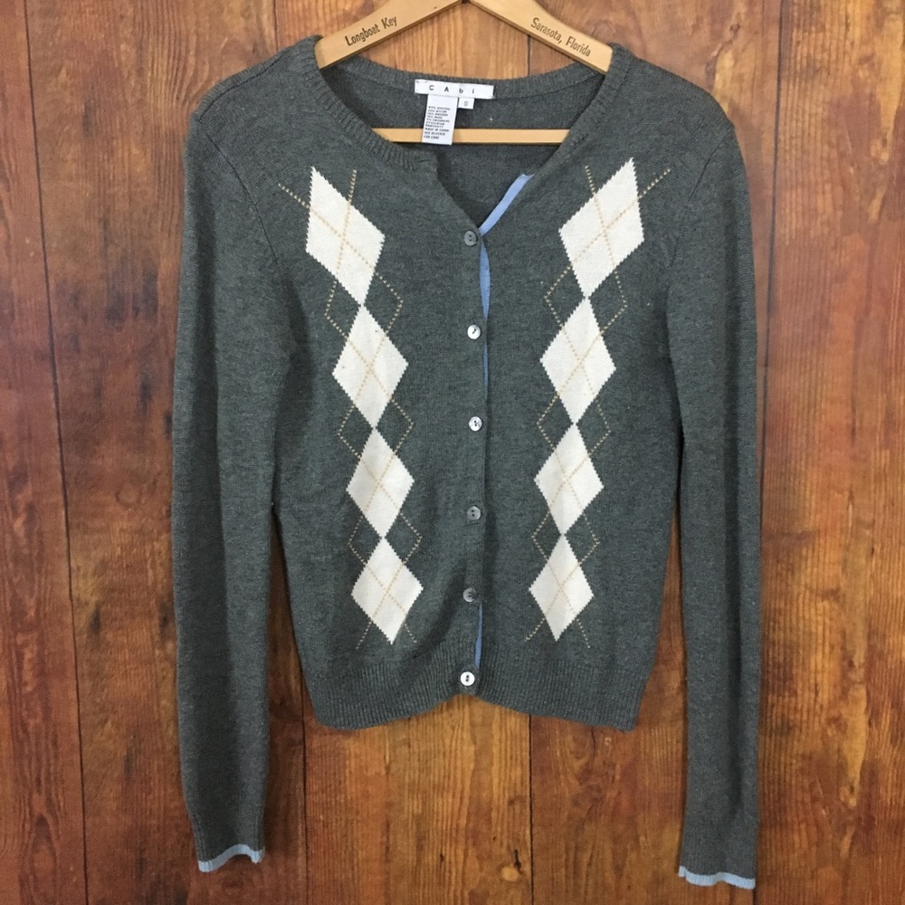 CAbi Gray Argyle Cardigan Sweater